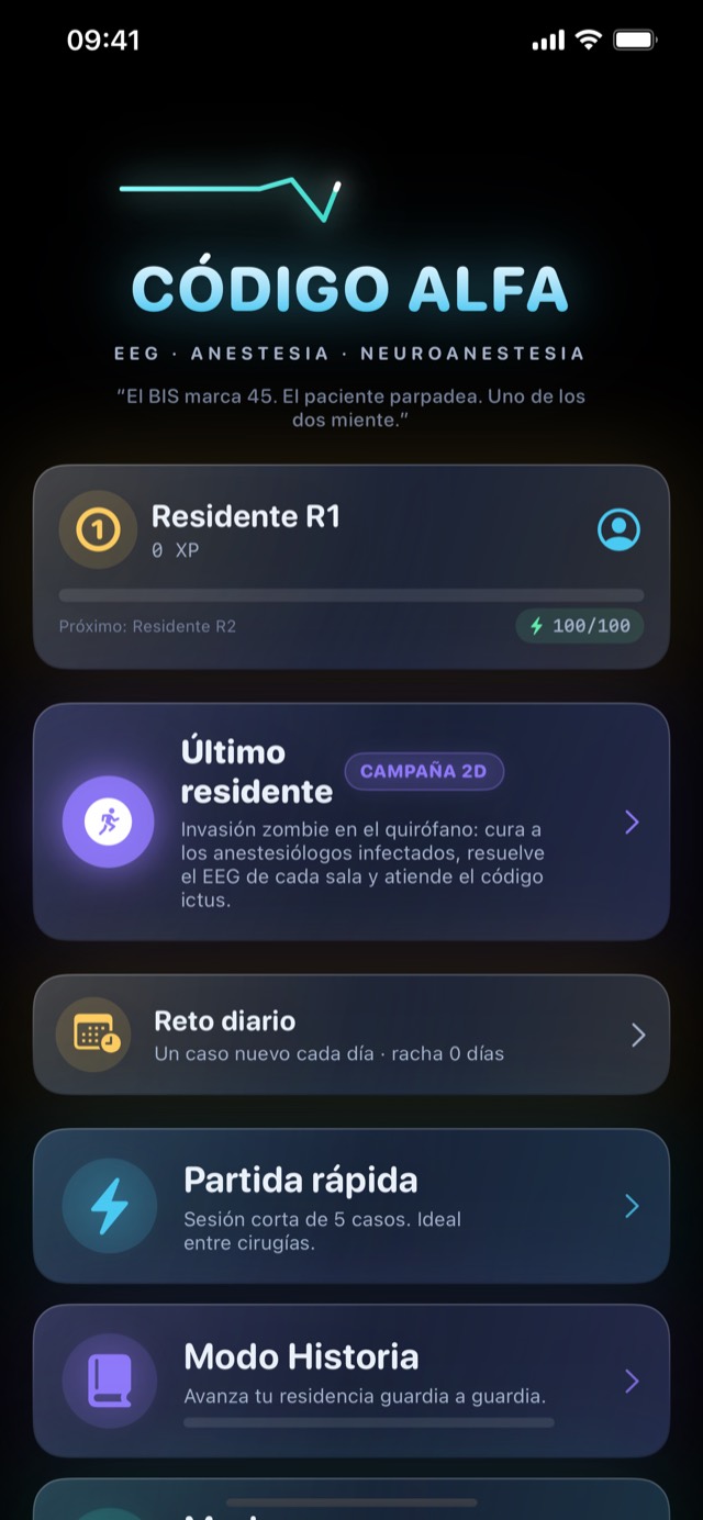 Menú principal de Código Alfa en iPhone: el rótulo Código Alfa sobre una línea de EEG, el rango del jugador, y las tarjetas de Último Residente, Reto diario, Partida rápida y Modo Historia.