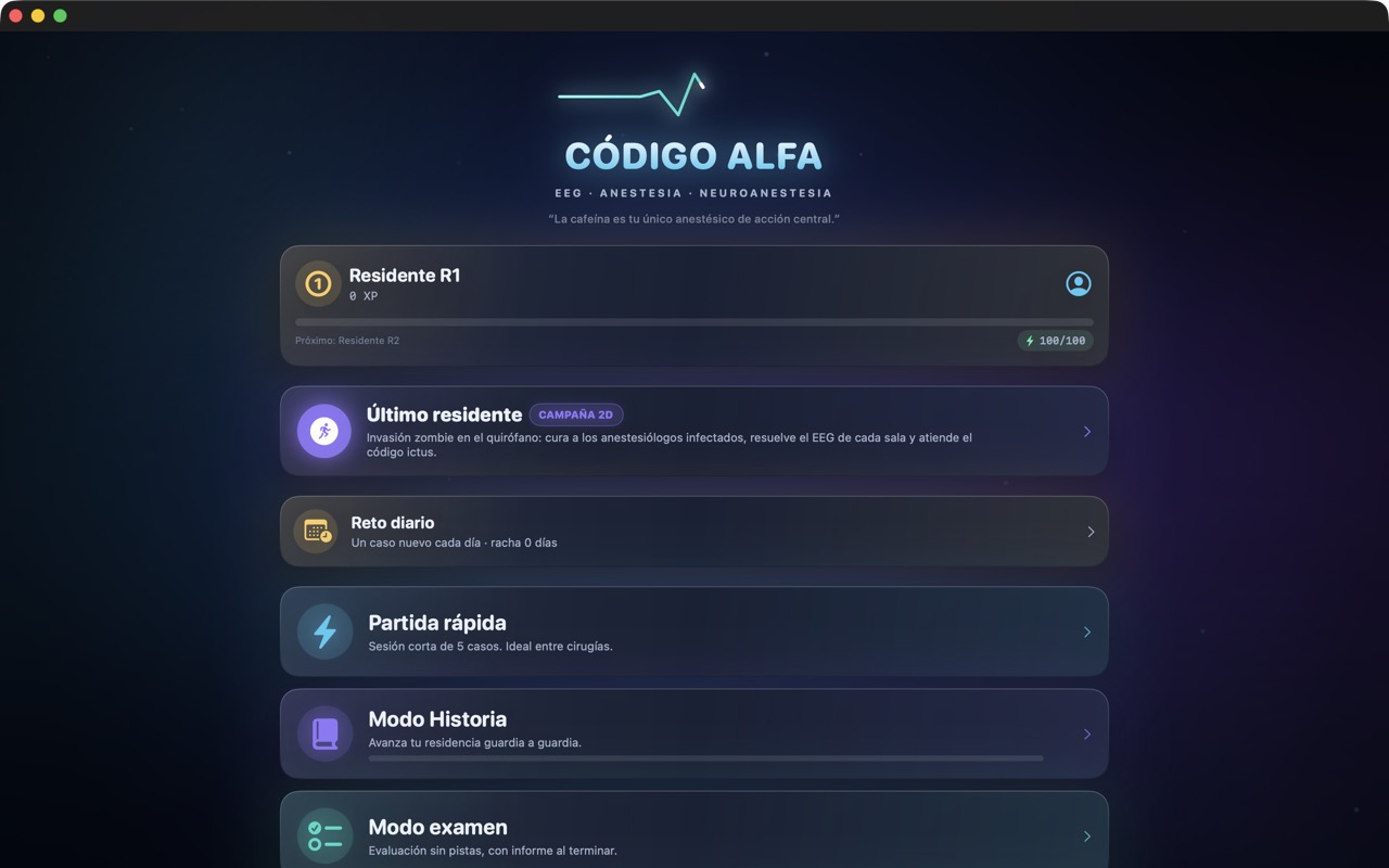 Código Alfa en Mac: la misma pantalla de inicio en una ventana de escritorio, con las tarjetas de modo de juego a todo lo ancho.
